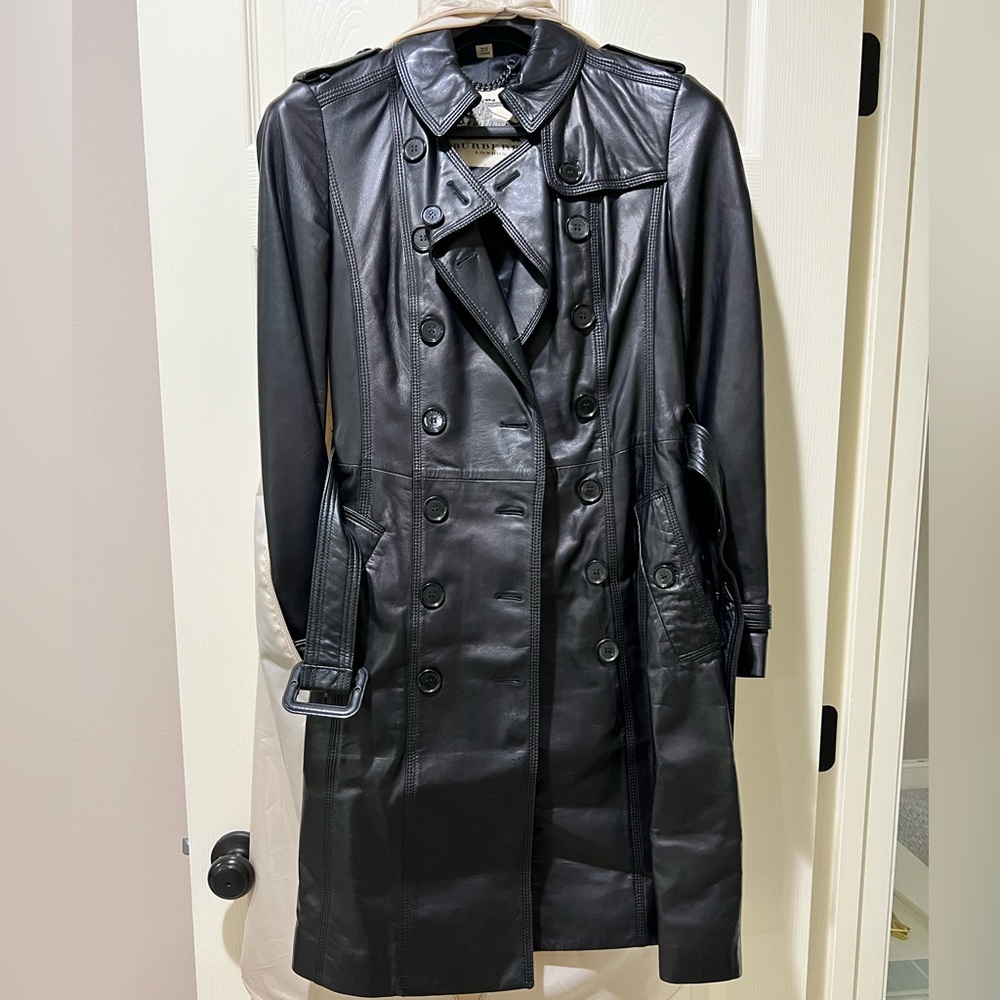 Burberry London Black Lambskin Leather Double Breasted Trench Coat W/ Belt Sz 6